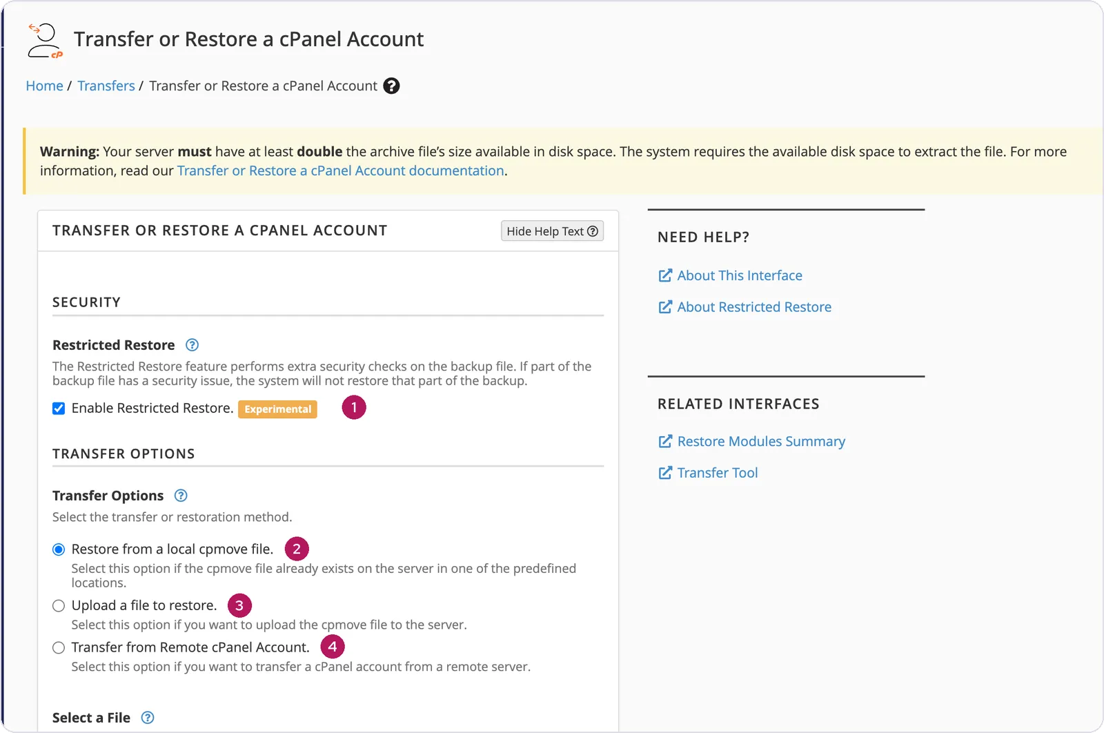 WHM Transfer or Restore a cPanel Account page showing the Restricted Restore checkbox and the three transfer options